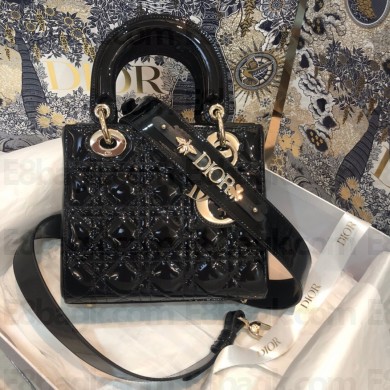 Lady Dior Small Bag in Cannage Patent Black with gold hardware