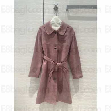 MIU MIU Pink Logo-Embossed Leather Coat 2024