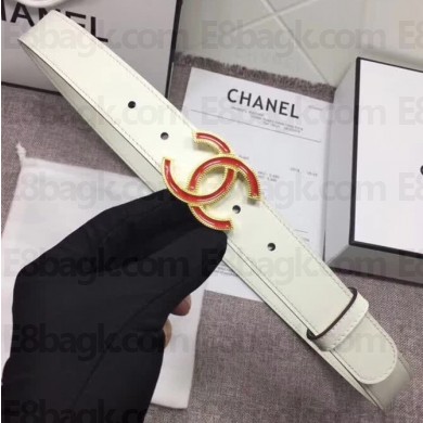 Chanel Calf Leather Belt with Red Buckle 30mm Width White 2018