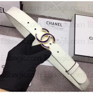 Chanel Calf Leather Belt with Blue Buckle 30mm Width White 2018