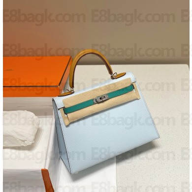 hermes kelly 25 bag in epsom leather blue/green/brown with silver hardware(handmade)