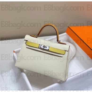 hermes mini kelly bag in epsom leather creamy/yellow/brown with silver hardware(handmade)