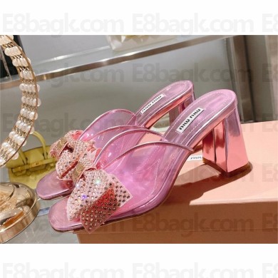 MIU MIU HEEL 7.5CM Vinyl and metallic leather sandals with crystals pink 2023