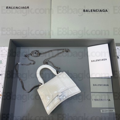 balenciaga hourglass mini handbag with chain metallized crocodile embossed white/silver