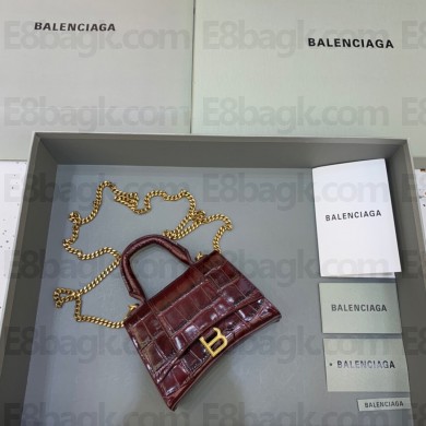 balenciaga hourglass mini handbag with chain metallized crocodile embossed burgundy/gold