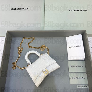 balenciaga hourglass mini handbag with chain metallized crocodile embossed white/gold
