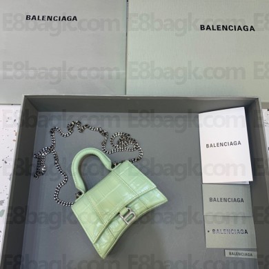 balenciaga hourglass mini handbag with chain metallized crocodile embossed mint green/silver