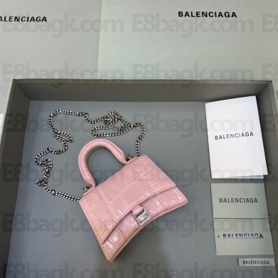 balenciaga hourglass mini handbag with chain metallized crocodile embossed light pink/silver