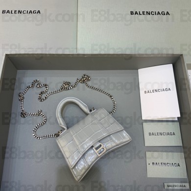 balenciaga hourglass mini handbag with chain metallized crocodile embossed etain/silver