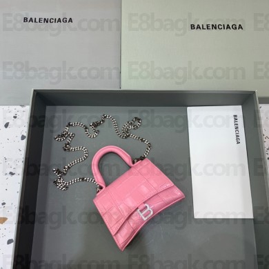 balenciaga hourglass mini handbag with chain metallized crocodile embossed pink/silver