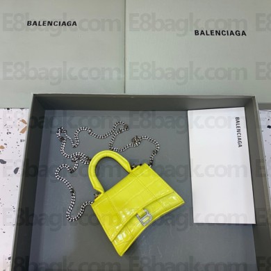 balenciaga hourglass mini handbag with chain metallized crocodile embossed lemon yellow/silver
