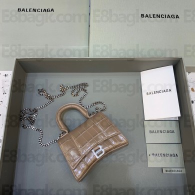 balenciaga hourglass mini handbag with chain metallized crocodile embossed elephant gray/silver