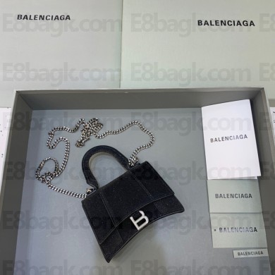 balenciaga hourglass mini handbag with chain metallized black suede leather