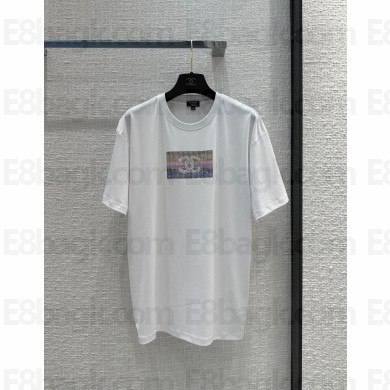 CHANEL WHITE CRYSTAL LOGO T-SHIRT 2023