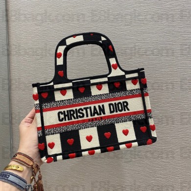Dior Black, White and Red D-Chess Heart Embroidery mini Book Tote bag 2021