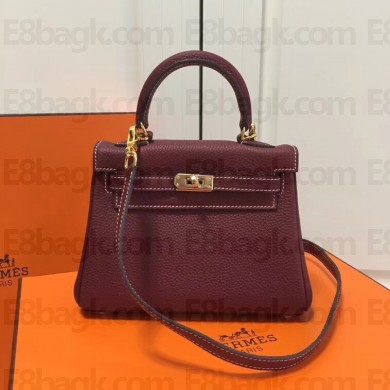 Hermes mini kelly 20 bag Burgundy in clemence leather with golden hardware