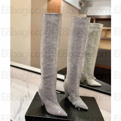 Saint Laurent Knee-High Boots with crystal silvery heel 10cm 1213-2024