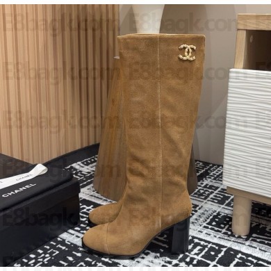 Chanel suede calfskin thigh boots with CC logo brown heel 8.5cm 1213-2024