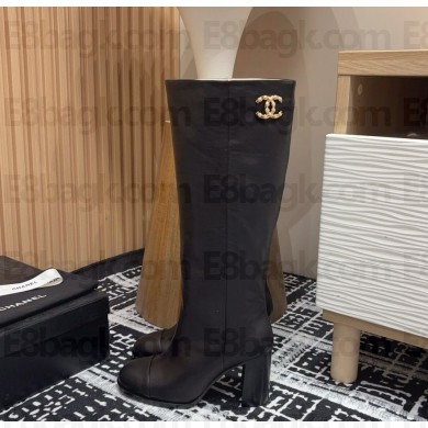 Chanel calfskin thigh boots with CC logo black heel 8.5cm 1213-2024