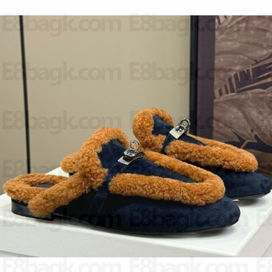 Hermes Oz Mule in suede goatskin with shearling blue 2024
