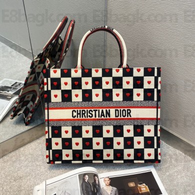 Dior Black, White and Red D-Chess Heart Embroidery large Book Tote bag 2021