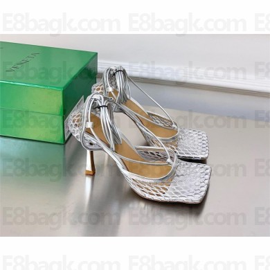 Bottega Veneta Heel 9cm Mesh Square Sole Ankle-strap Stretch Sandals silver