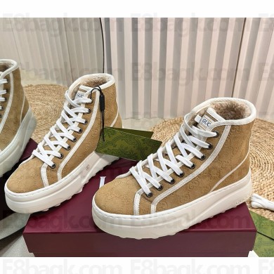 Gucci women's/men's Tennis 1977 platform suede leather high top sneakers with shearling beige 1031-2024  