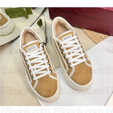 Gucci women's/men's Tennis 1977 platform suede leather sneakers with shearling  beige 1031-2024