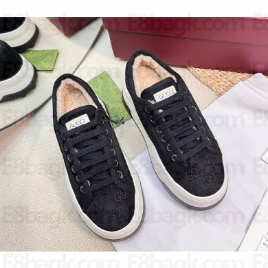 Gucci women's/men's Tennis 1977 platform suede leather sneakers with shearling  black 1031-2024