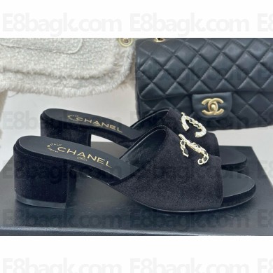 Chanel Velvet CC Logo slippers Black heel 5cm 1122-2024