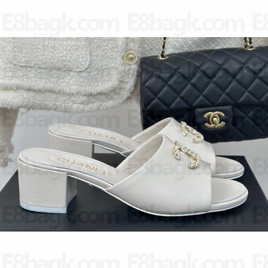 Chanel calfskin CC Logo slippers white heel 5cm 1122-2024
