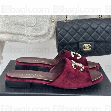 Chanel Velvet CC Logo slippers Burgundy heel 1.5cm 1122-2024