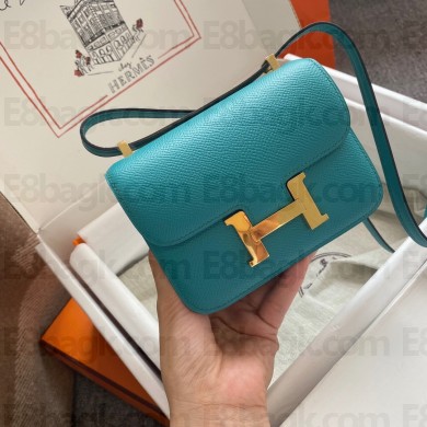 Hermes mini constance bag in original epsom leather handmade turquoise with gold hardware