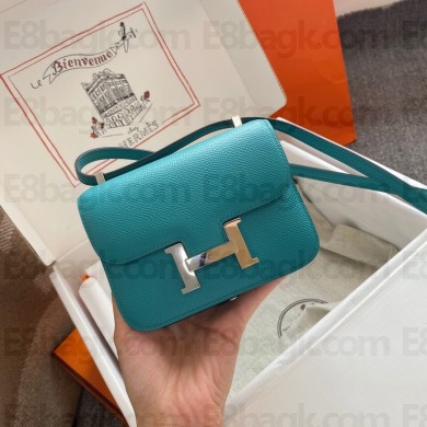 Hermes mini constance bag in original epsom leather handmade turquoise with silver hardware