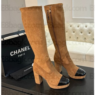 Chanel Heel 8cm Calfskin High Boots Suede Brown 2024