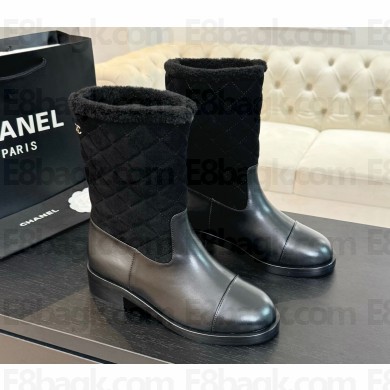Chanel Suede&leather Calfskin flat Boots Black heel 5.5cm  2024