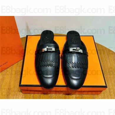 Hermes Kelly Buckle Oz Mules in fringed calfskin black (original quality)