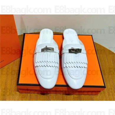 Hermes Kelly Buckle Oz Mules in fringed calfskin all white (original quality)
