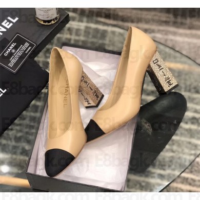 Chanel Heel 8cm Lambskin/Grosgrain Pumps G34905 apricot/Black 2019