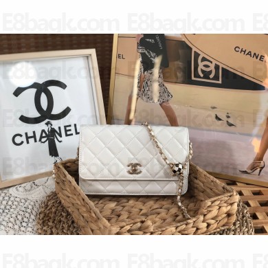chanel Lambskin,enamel & Gold-tone Metal black wallet on chain bag AP1450 white 2023