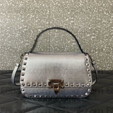 Valentino Garavani Small Rockstud Top Handle Bag silver 2024