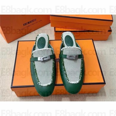 Hermes Kelly Buckle Oz Mules in calfskin and fringed H canvas green (original quality)