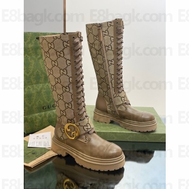 Gucci GG Canvas and Leather Long boots Brown with Round Interlocking G 2022