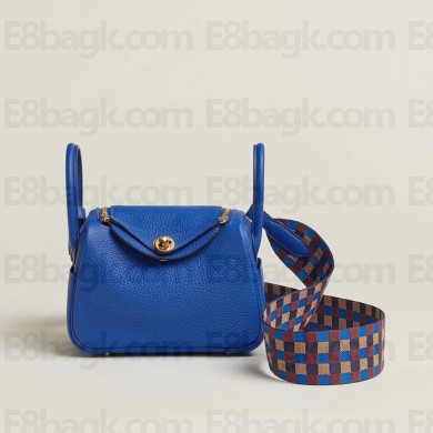 Hermes Mini Lindy 19cm Bag in original togo leather blue hydra with strap(handmade)