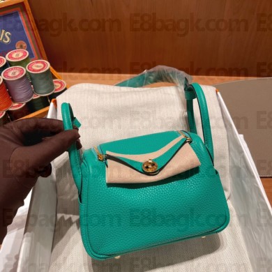 Hermes Mini Lindy 19cm Bag in original togo leather menthe/vert jade with gold hardware(handmade)