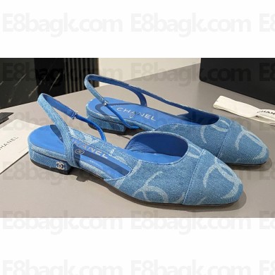 Chanel Heel 1.5cm Flat Slingbacks Print Denim Light Blue 2023
