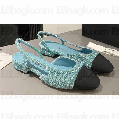 Chanel Heel 1.5cm Flat Slingbacks Tweed Green/Black 2023
