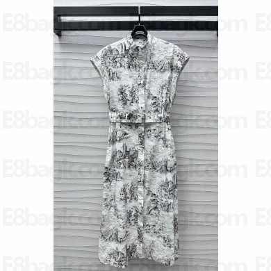 Dior Mid-Length Shirtdress White Cotton and Silk Poplin with Black Toile de Jouy Scotland Motif  1101-2024