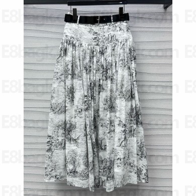 Dior Pleated Mid-Length Skirt White Cotton Denim with Black Toile de Jouy Scotland Motif 1101-2024