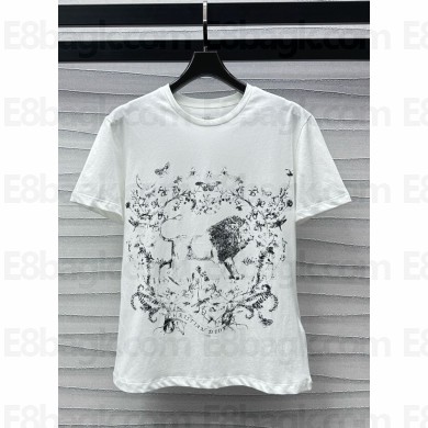 Dior T-Shirt White Cotton and Linen Jersey with Black Motif 1101-2024